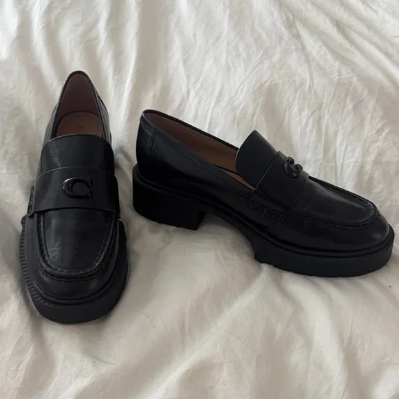 Coach Black Leather Penny Loafers with Logo Accent - Picture 2 of 5